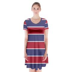 Large Red White And Blue Usa Memorial Day Holiday Horizontal Cabana Stripes Short Sleeve V-neck Flare Dress by PodArtist