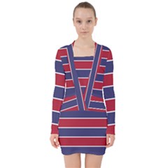 Large Red White And Blue Usa Memorial Day Holiday Horizontal Cabana Stripes V-neck Bodycon Long Sleeve Dress by PodArtist