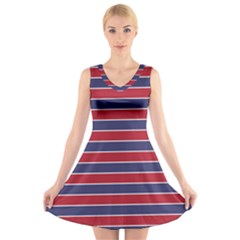 Large Red White And Blue Usa Memorial Day Holiday Pinstripe V-neck Sleeveless Dress by PodArtist