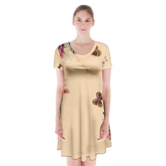 Flower Traditional Chinese Painting Short Sleeve V-neck Flare Dress