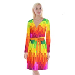 Abstract Background Square Colorful Long Sleeve Velvet Front Wrap Dress