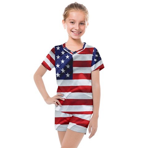 American Usa Flag Kids  Mesh Tee And Shorts Set by FunnyCow