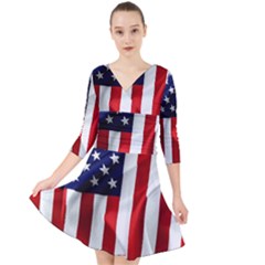 American Usa Flag Vertical Quarter Sleeve Front Wrap Dress by FunnyCow