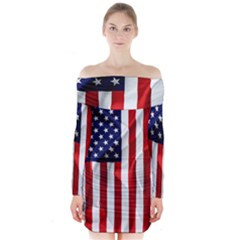 American Usa Flag Vertical Long Sleeve Off Shoulder Dress by FunnyCow