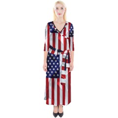 American Usa Flag Vertical Quarter Sleeve Wrap Maxi Dress by FunnyCow