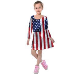 American Usa Flag Vertical Kids  Long Sleeve Velvet Dress by FunnyCow