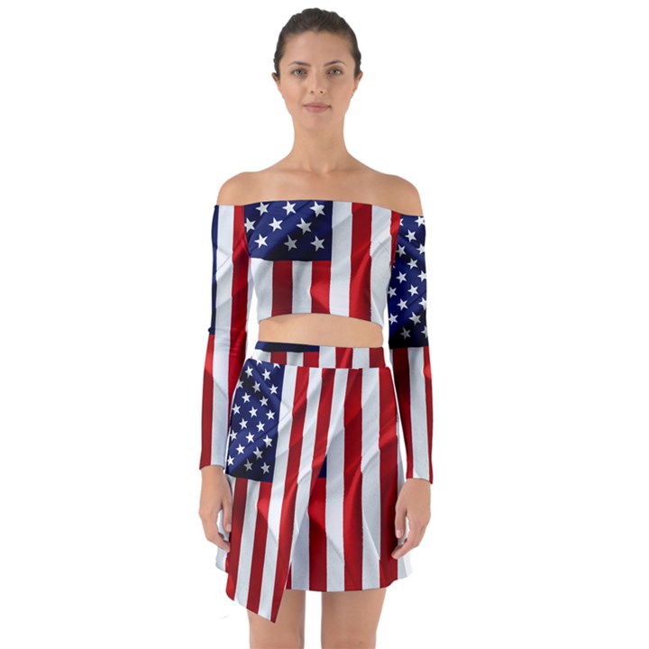 American Usa Flag Vertical Off Shoulder Top with Skirt Set