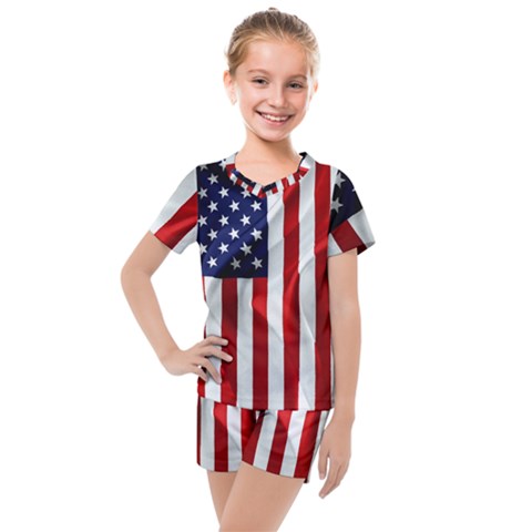 American Usa Flag Vertical Kids  Mesh Tee And Shorts Set by FunnyCow