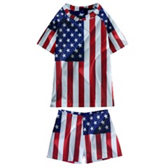 American Usa Flag Vertical Kids  Swim Tee And Shorts Set by FunnyCow