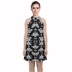 Black And White Florals Background  Velvet Halter Neckline Dress  by flipstylezfashionsLLC