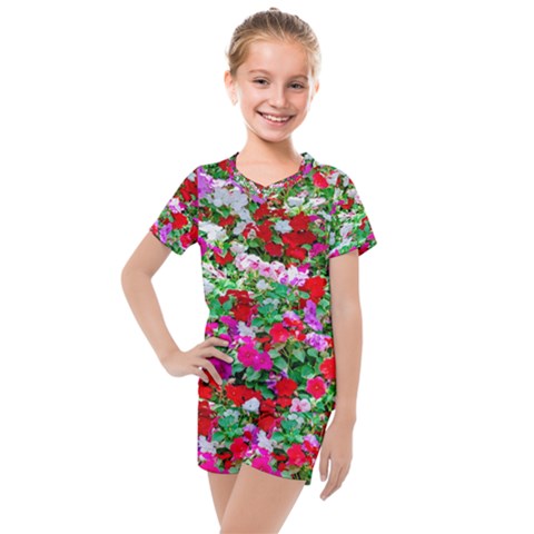 Colorful Petunia Flowers Kids  Mesh Tee And Shorts Set by FunnyCow