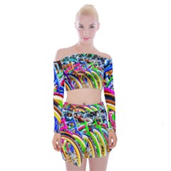 Colorful Bicycles In A Row Off Shoulder Top With Mini Skirt Set by FunnyCow