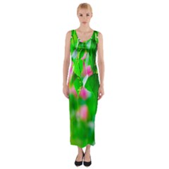 Green Birch Leaves, Pink Flowers Fitted Maxi Dress by FunnyCow