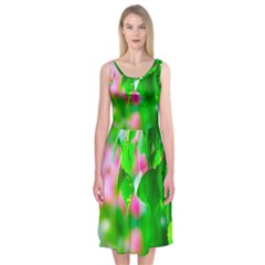 Green Birch Leaves, Pink Flowers Midi Sleeveless Dress by FunnyCow