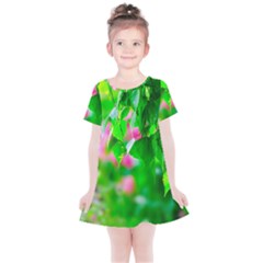 Green Birch Leaves, Pink Flowers Kids  Simple Cotton Dress by FunnyCow