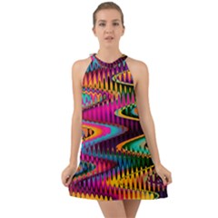 Multicolored Wave Distortion Zigzag Chevrons Halter Tie Back Chiffon Dress by EDDArt