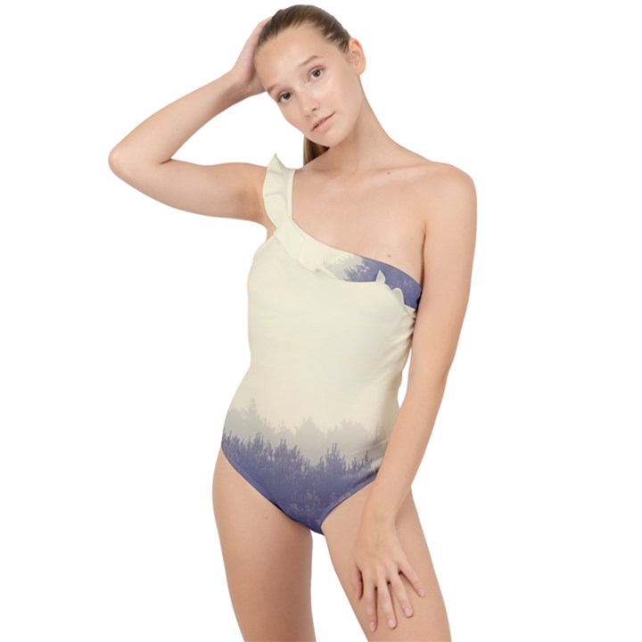 Cloudy Foggy Forest with pine trees Frilly One Shoulder Swimsuit