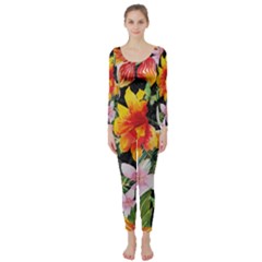 Tropical Flowers Butterflies 1 Long Sleeve Catsuit by EDDArt