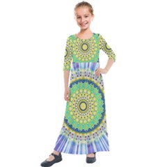 Power Mandala Sun Blue Green Yellow Lilac Kids  Quarter Sleeve Maxi Dress by EDDArt