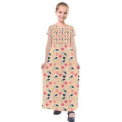 Heart Cherries Cream Kids  Short Sleeve Maxi Dress by snowwhitegirl