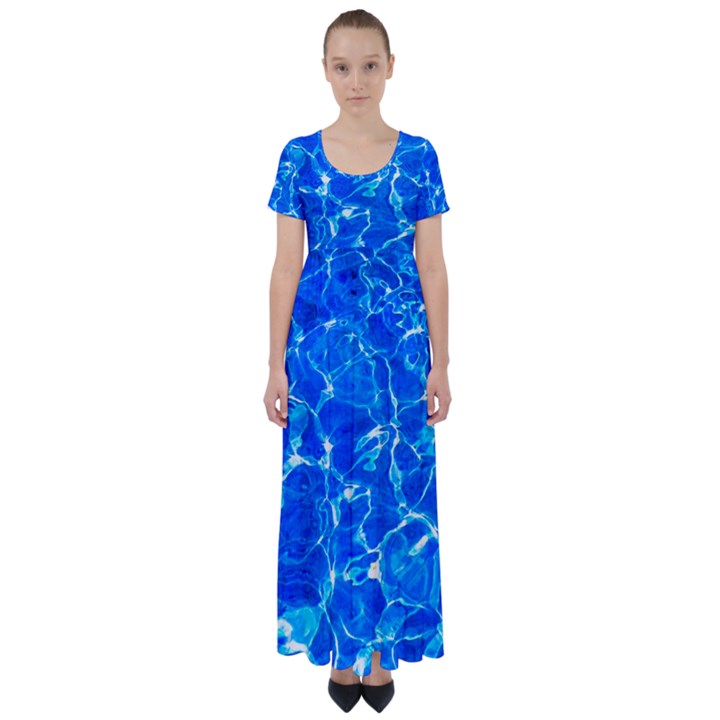 Blue Clear Water Texture High Waist Short Sleeve Maxi Dress