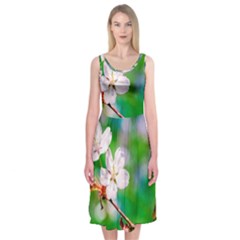 Sakura Flowers On Green Midi Sleeveless Dress by FunnyCow