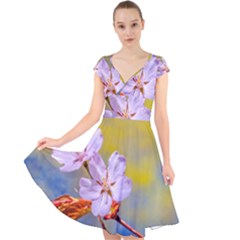 Sakura Flowers On Yellow Cap Sleeve Front Wrap Midi Dress by FunnyCow