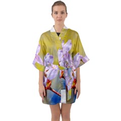 Sakura Flowers On Yellow Quarter Sleeve Kimono Robe by FunnyCow