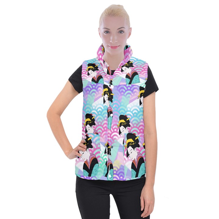 Japanese Abstract Women s Button Up Vest
