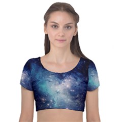 Nebula Blue Velvet Short Sleeve Crop Top  by snowwhitegirl