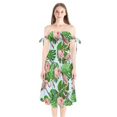 Flamingo Floral Blue Shoulder Tie Bardot Midi Dress by snowwhitegirl