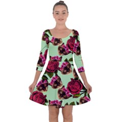 Lazy Cat Floral Pattern Green Quarter Sleeve Skater Dress by snowwhitegirl