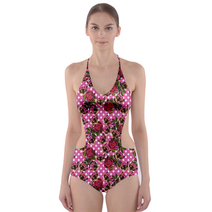 Lazy Cat Floral Pattern Pink Polka Cut-Out One Piece Swimsuit
