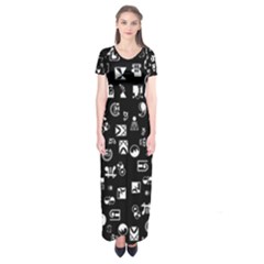 White On Black Abstract Symbols Short Sleeve Maxi Dress by FunnyCow