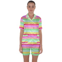 Pastel Rainbow Sorbet Horizontal Deck Chair Stripes Satin Short Sleeve Pyjamas Set by PodArtist