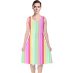 Pastel Rainbow Sorbet Deck Chair Stripes V-Neck Midi Sleeveless Dress 