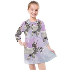 Cute Little Pegasus In The Sky, Cartoon Kids  Quarter Sleeve Shirt Dress by FantasyWorld7