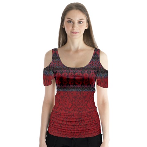 Crush Red Lace Two Patterns  Butterfly Sleeve Cutout Tee  by flipstylezfashionsLLC