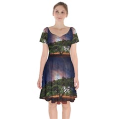 Lone Tree Fantasy Space Sky Moon Short Sleeve Bardot Dress