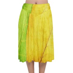 Green Yellow Leaf Texture Leaves Velvet Flared Midi Skirt