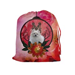 Cute Pemeranian With Flowers Drawstring Pouch (xl) by FantasyWorld7