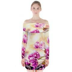 Paradise Apple Blossoms Long Sleeve Off Shoulder Dress by FunnyCow