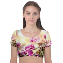 Paradise Apple Blossoms Velvet Short Sleeve Crop Top  by FunnyCow