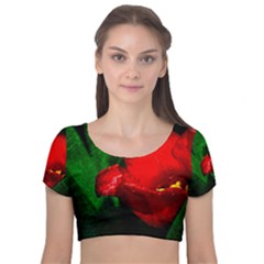 Red Tulip After The Shower Velvet Short Sleeve Crop Top  by FunnyCow