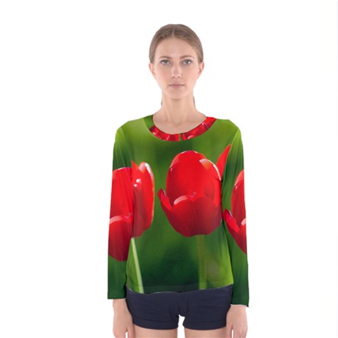 Three Red Tulips, Green Background Women s Long Sleeve Tee by FunnyCow