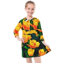 Yellow Orange Tulip Flowers Kids  Quarter Sleeve Shirt Dress by FunnyCow