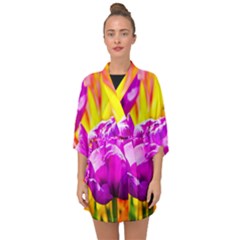 Violet Tulip Flowers Half Sleeve Chiffon Kimono by FunnyCow