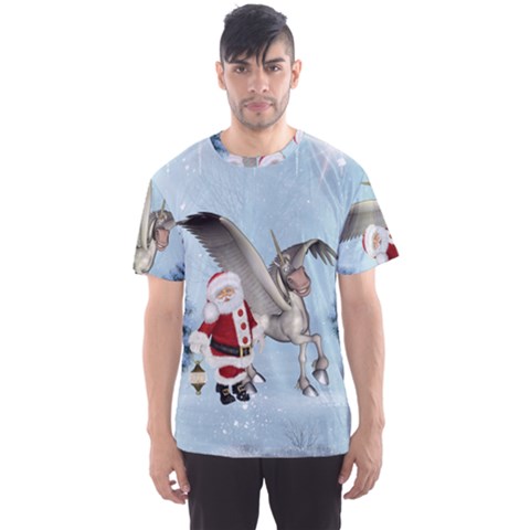 Santa Claus With Cute Pegasus In A Winter Landscape Men s Sports Mesh Tee by FantasyWorld7