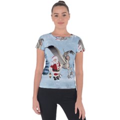 Santa Claus With Cute Pegasus In A Winter Landscape Short Sleeve Sports Top  by FantasyWorld7