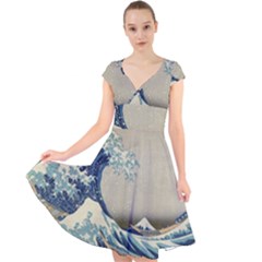 The Classic Japanese Great Wave Off Kanagawa By Hokusai Cap Sleeve Front Wrap Midi Dress by PodArtist